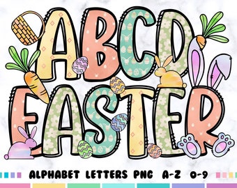 May include: Colorful alphabet letters with Easter-themed patterns, including eggs, bunnies, and flowers. The letters spell out "ABC Easter".