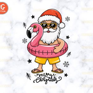 Puede incluir: Un Pap&aacute; Noel de dibujos animados con gafas de sol y un gorro rojo sostiene un flotador de piscina rosa en forma de flamenco. El texto "merrye Christmas" est&aacute; escrito debajo de la imagen.