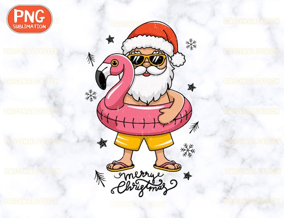 Merry christmas santa flamingo Png, Summer santa holiday Png, beach christmas santa Png, tropical santa claus Png