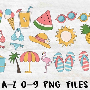May include: A set of 14 summer-themed illustrations, including a watermelon, ice cream cones, sunglasses, a beach umbrella, a bucket and shovel, a palm tree, a sun, a pineapple, flip flops, a hat, and two swimsuits.  A-Z 0-9 PNG FILES.