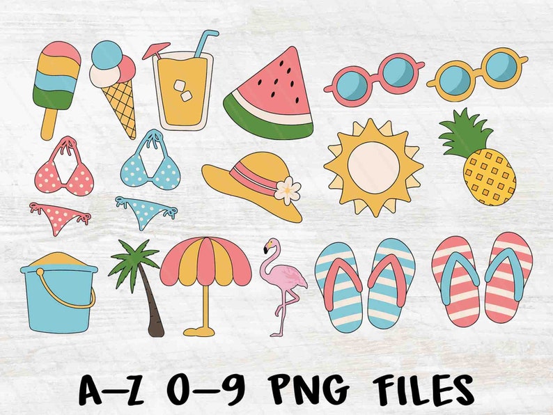 May include: A set of 14 summer-themed illustrations, including a watermelon, ice cream cones, sunglasses, a beach umbrella, a bucket and shovel, a palm tree, a sun, a pineapple, flip flops, a hat, and two swimsuits.  A-Z 0-9 PNG FILES.