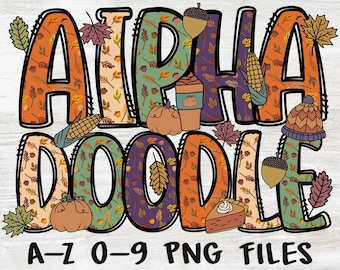 May include: Colorful fall-themed graphic with the words "ALPHA DOODLE" in large, decorated letters. The letters are filled with autumn leaves, acorns, and pumpkins. Includes the text "A-Z 0-9 PNG FILES".