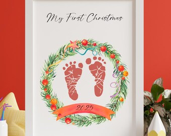 My First Christmas Handprint Art Printable, Baby's First Christmas Footprint Art, Baby Christmas Craft, Christmas Handprint Footprint Gift