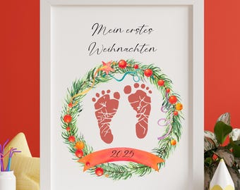My First Christmas Handprint Art, Printable Baby First Christmas Keepsake, First Christmas Footprint Art, Christmas Handprint Footprint Gift