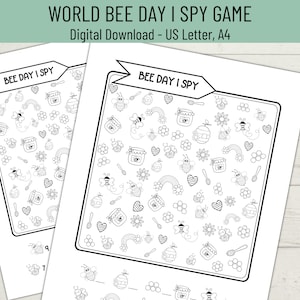 Världsbidagen Jag spionerar utskrivbart spel, Bidagen målarbilder för barn, Aktivitetssida för honungsbi, Bimålaraktivitet, Honungsbispel