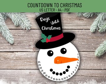 Snowman Christmas Countdown Printable, Countdown to Christmas, Printable Advent Calendar for Kids, Snowman Kids Craft Printable