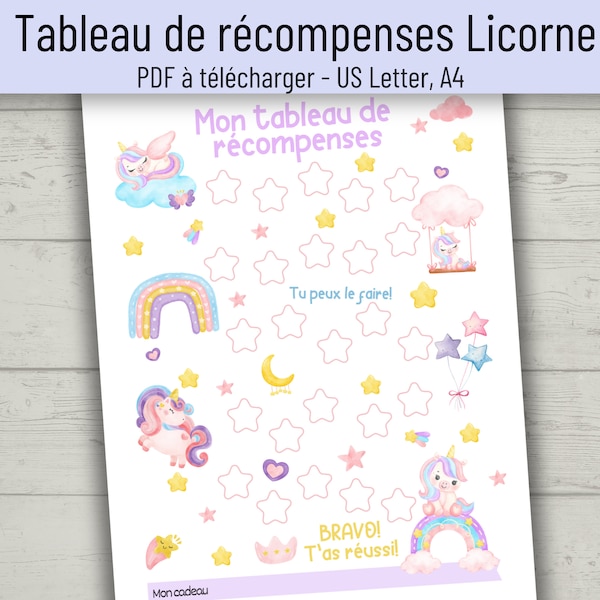 Tableau de récompenses licorne, Tableau de motivation enfant, Je deviens propre, Tableau d'apprentissage, Tableau de comportement licorne