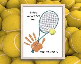 Lavoretto per la Festa del Papà con l'impronta della mano a tema tennis, Lavoretto per papà tennisti, Ricordo per la Festa del Papà, Arte con l'impronta della mano a tema tennis per la Festa del Papà, Regalo fai da te a tema tennis dai bambini