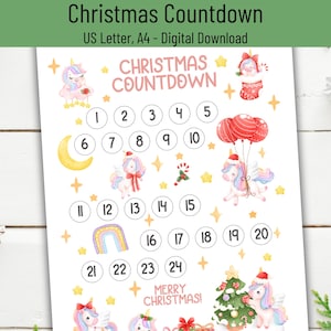 Christmas Advent Calendar, Printable Christmas Countdown, Unicorn Advent Calendar for Girls, Christmas Calendar, Unicorn Christmas Countdown