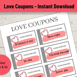 Love Coupons Printable, Valentine&#39;s Day Coupons, Valentine&#39;s Day Gift For Her/ Him, Love Coupon Book, Coupons for Girlfriend or Boyfriend