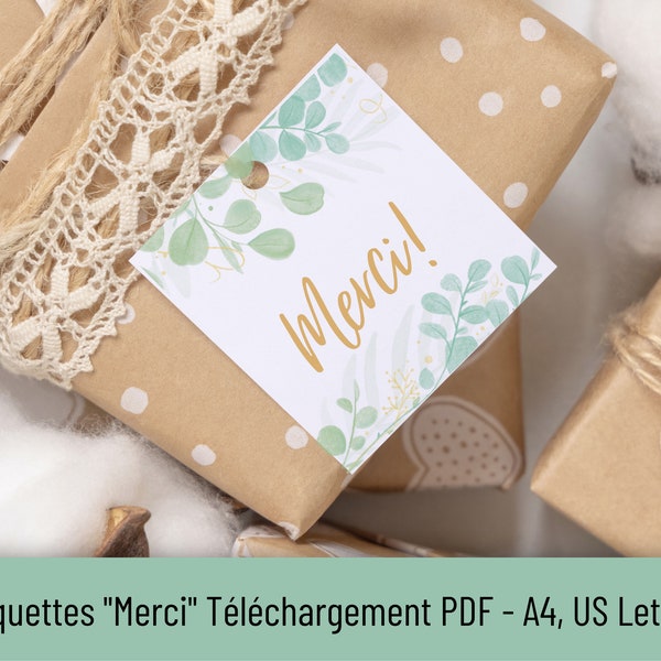 Etiquettes Merci eucalyptus téléchargement pdf, Etiquette cadeaux remerciement mariage, baptême, baby shower, Idée cadeau merci