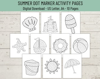 Summer Dot Marker Pages, Summer Do a Dot Printable Pages, Beach Do a Dot Coloring, Summer Printable Activity, Sea Dot Marker Coloring
