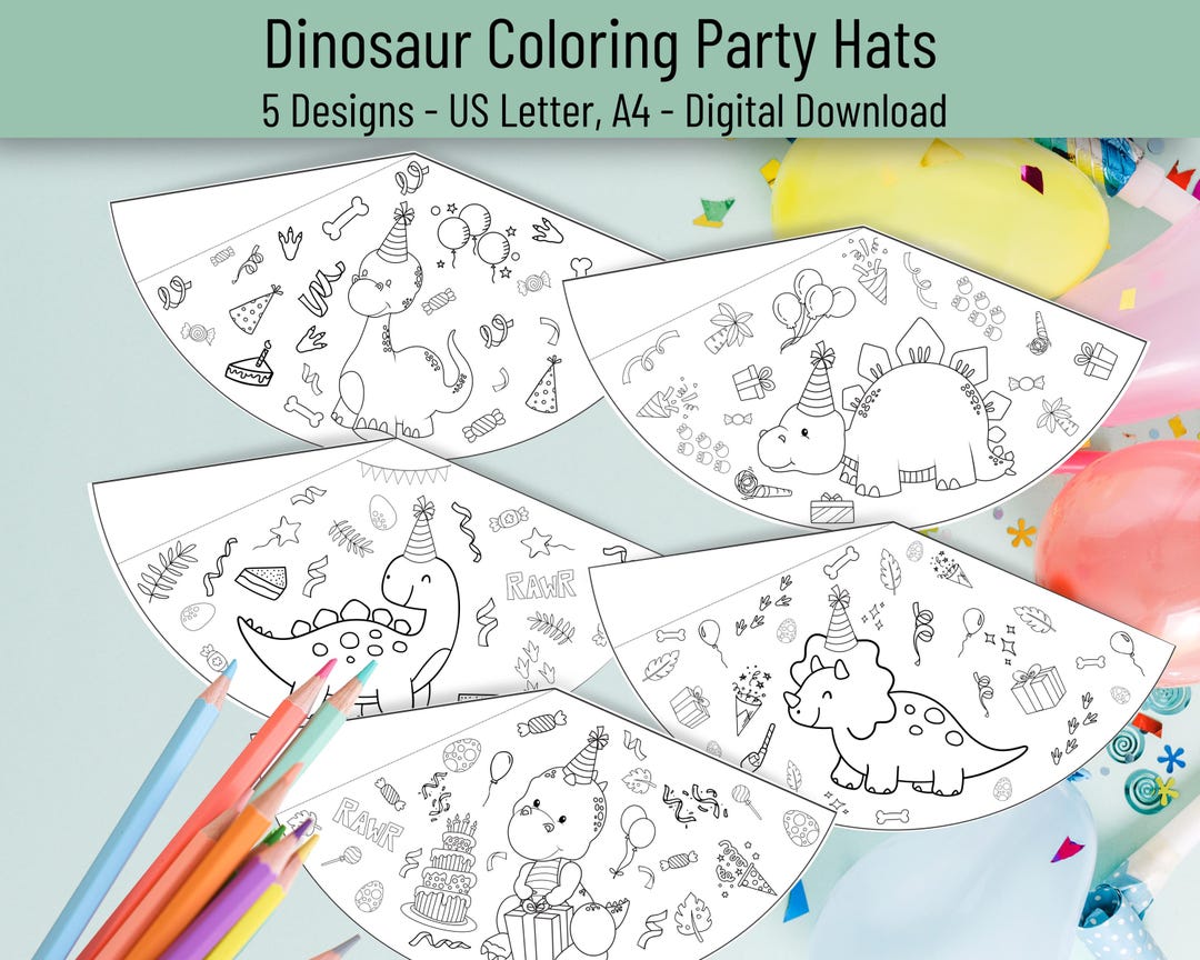 Dinosaur Party Hat, Dinosaur Printable Color Your Own Party Hat ...