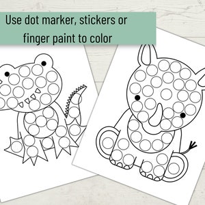 Pode incluir: Arte de linha em preto e branco de um jacar&eacute; e um rinoceronte. Os animais s&atilde;o feitos de c&iacute;rculos que podem ser coloridos com marcadores de pontos, adesivos ou tinta de dedo. Use um marcador de pontos, adesivos ou tinta de dedo para colorir.