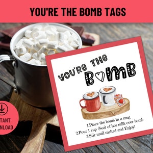 Valentine You&#39;re the Bomb Tags, Hot Cocoa Bomb Gift Tags, Chocolate Bomb Favor Tags, Valentine Favor, Valentine Hot Chocolate Printable