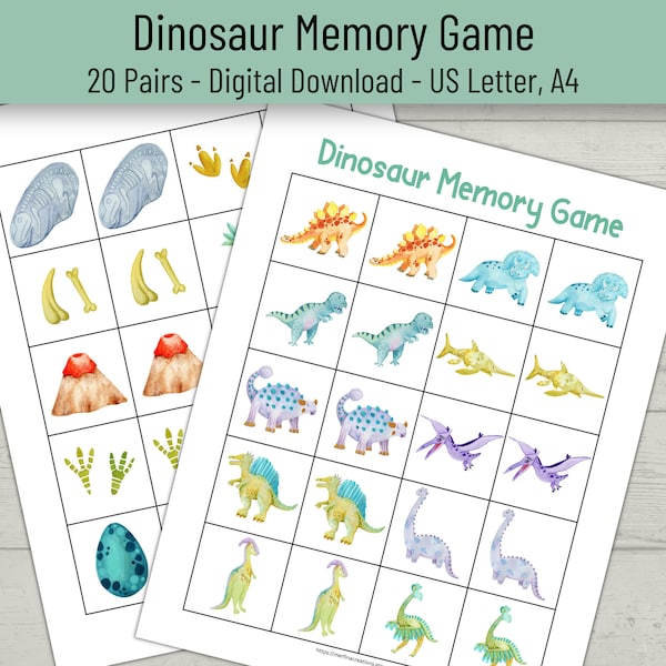 Dinosaur Memory Game for Kids, Dinosaur Printable Matching Game,  Dinosaur Birthday Game, Dinosaur Printable Activity for Kids, Dinosaur PDF