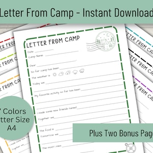 Carta do acampamento para impressão, papelaria do acampamento de verão, diário do acampamento, papelaria do acampamento infantil, carta do acampamento infantil, carta para pais, avós