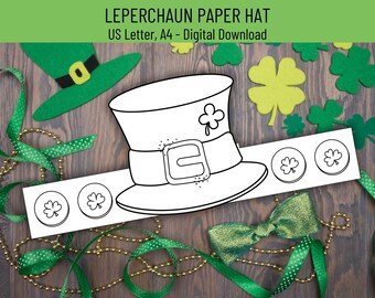St.Patrick's Day Paper Crown, St Patrick's Day Printable Paper Hat, Saint Patricks Day Craft, DIY Paper Craft, Coloring Leperchaun Paper Hat