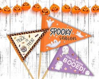 May include: Halloween-themed pennant flags with text and illustrations. One flag says "Trick or Treat", another says "Spooky Season", and the third says "You've Been Booed!". The flags are orange and purple with ghost and candy graphics. A string of pumpkin lights hangs above.