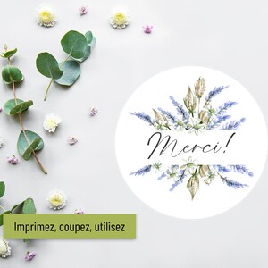 May include: A white circle with a watercolor illustration of lavender flowers and the word "Merci!" in black script. The circle is surrounded by white and pink flowers and green eucalyptus leaves on a white background.