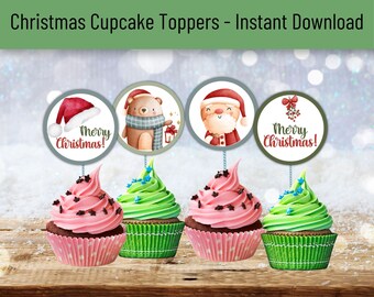 Toppers de cupcakes de Navidad imprimibles, etiquetas de galletas de Navidad, toppers de cupcakes lindos, etiquetas de favor de fiesta de Navidad, toppers Hohoho, toppers de Santa