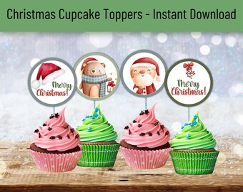Christmas Cupcake Toppers Printable, Christmas Cookie Tags, Cute Cupcake Toppers, Christmas party favor tags, Hohoho Toppers, Santa Toppers