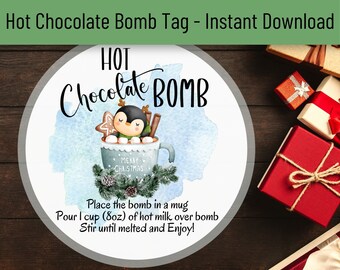 Christmas Cute Hot Chocolate Bomb Round Printable Tag, Penguin Hot Cocoa Bomb Instructions Tag, Chocolate Favor Tag, Hot Chocolate Gift Tag