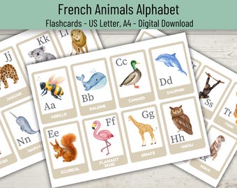 French Animal Alphabet Flashcards, French Alphabet Printable, French ABC Learning Cards, Preschool Flashcards, Preschool Classroom Activity