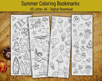 Summer Coloring Bookmarks for Kids, Summer Reading Coloring, Printable Summer Activity, Coloring Bookmarks for Adults, Cute Summer Bookmarks