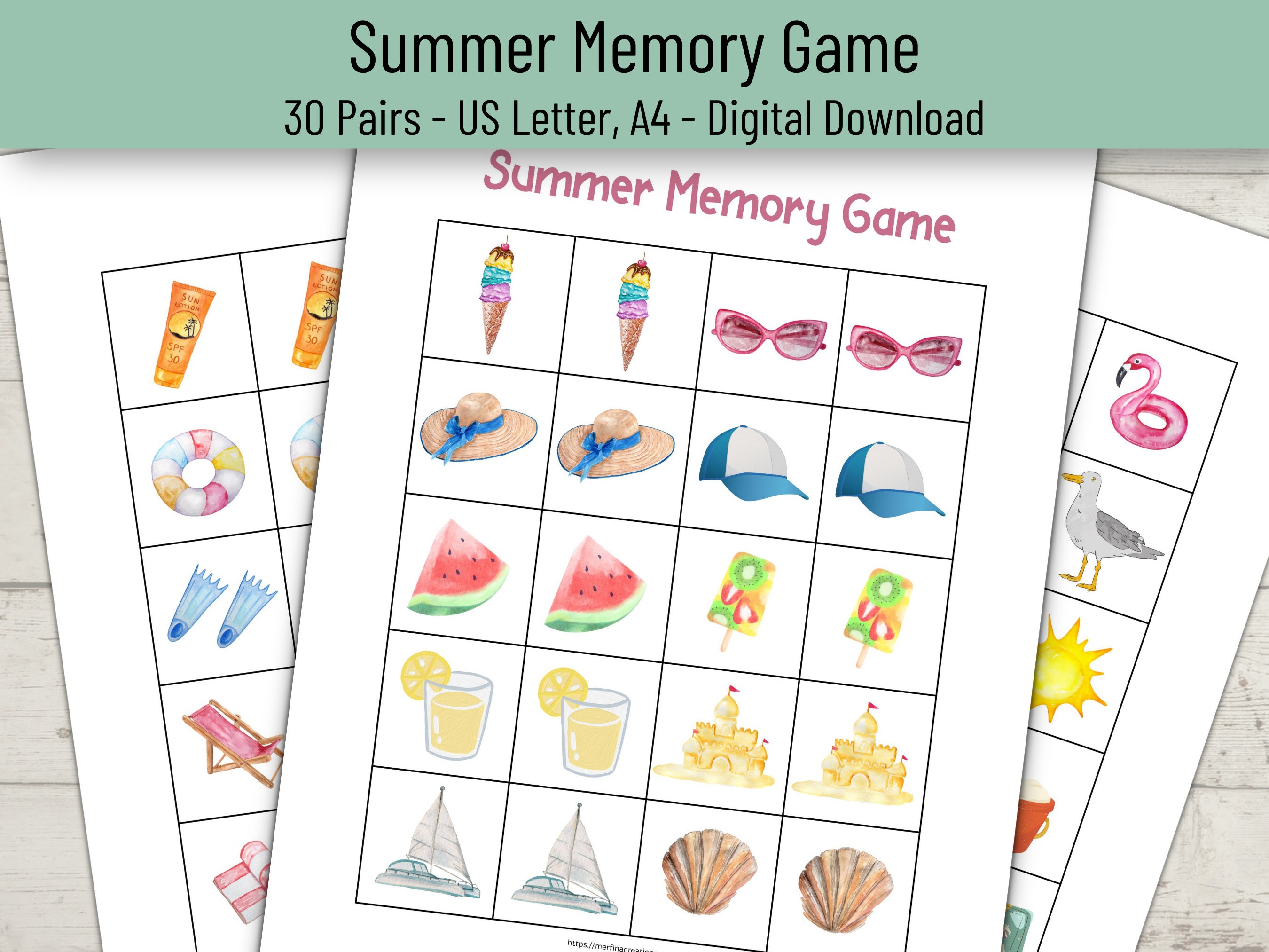 Summer Matching Game for Kids, Summer Printable Memory Game,  Seaside Vacation Matching Game, Summer Games, Summer Activities for Kids