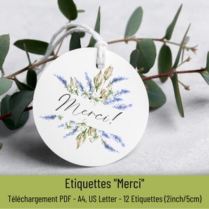 Etiquettes Merci lavande téléchargement PDF、Etiquette cadeaux remerciement mariage、baptême、ベビーシャワー、Idée cadeau merci、Sticker merci