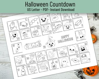 Pagina del conto alla rovescia di Halloween, calendario dell'avvento di Halloween, attività di colorazione di Halloween per bambini o adulti, calendario stampabile del conto alla rovescia di Halloween