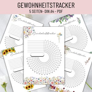 以下が含まれることがあります： 白い習慣トラッカーの印刷可能なシートで、花のアクセントが付いています。各シートには、習慣を追跡するための円形のグリッドがあり、メモとタイトルのスペースがあります。シートは、ひまわりやラベンダーなど、水彩画の花で飾られています。