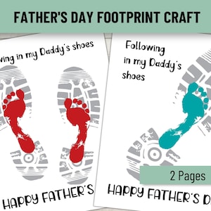 Pu&ograve; includere: Due pagine di lavoretti con impronte di piedi per la festa del pap&agrave;. Una mostra impronte rosse all'interno di un'impronta di scarpa grigia, l'altra mostra impronte turchesi. Il testo recita "Following in my Daddy's shoes" e "Happy Father's Day".