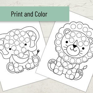 Pode incluir: P&aacute;ginas para colorir imprim&iacute;veis em preto e branco com um elefante e um le&atilde;o. Cada animal &eacute; feito de c&iacute;rculos que podem ser coloridos com marcadores de pontos ou tinta.