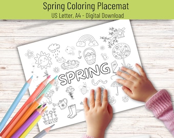 Página para colorear de primavera, mantel individual imprimible para colorear de primavera, actividad del primer día de primavera, hoja para colorear de las estaciones, colorear la naturaleza