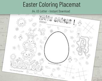 Easter Coloring Placemat Page, Easter Activity Placemat, Printable Easter Games, Easter Activity Sheet, Printable Easter Egg Activity