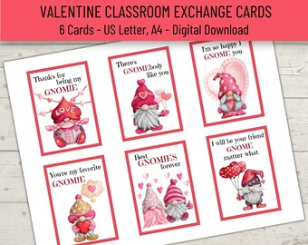 Cartões de Dia dos Namorados com Gnomos para Imprimir para Crianças, Cartões de Dia dos Namorados Fofos para Fazer em Casa para a Sala de Aula, Cartões de Dia dos Namorados com Gnomos, Cartões de Troca para a Sala de Aula