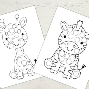 Pode incluir: P&aacute;ginas para colorir imprim&iacute;veis em preto e branco com uma girafa e uma zebra com contornos pontilhados. Os animais s&atilde;o desenhados em um estilo simples e de desenho animado.