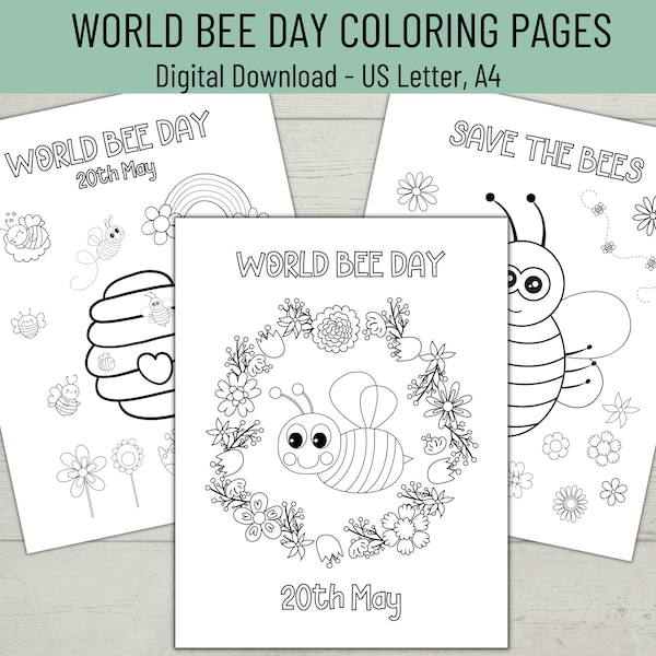 World Bee Day Printable Coloring Pages, Bee Day Activity Pages for Kids, Happy World Bee Day Coloring Sheets, Bee Coloring Activity