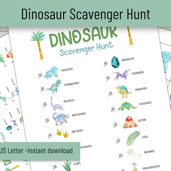 Dinosaur Scavenger Hunt Printable, Dinosaur Games for Kids, Dinosaur Birthday Treasure Hunt Game, Dinosaur Theme Activity, Dinosaur PDF