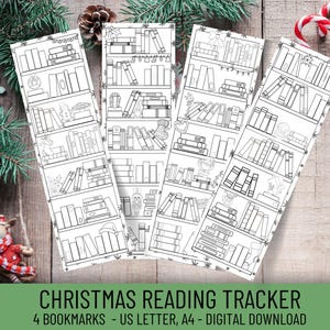 Può includere: Quattro segnalibri stampabili a tema natalizio. Ogni segnalibro presenta una libreria con spazi vuoti per tenere traccia dei libri letti durante le festività. Il testo "CHRISTMAS READING TRACKER" e "4 BOOKMARKS - US LETTER, A4 - DIGITAL DOWNLOAD" è incluso.