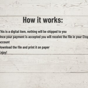 Pode incluir: Como funciona: Este &eacute; um item digital, nada ser&aacute; enviado para voc&ecirc;. Assim que seu pagamento for aceito, voc&ecirc; receber&aacute; o arquivo em sua conta Etsy. Fa&ccedil;a o download do arquivo e imprima-o em papel. Aproveite!