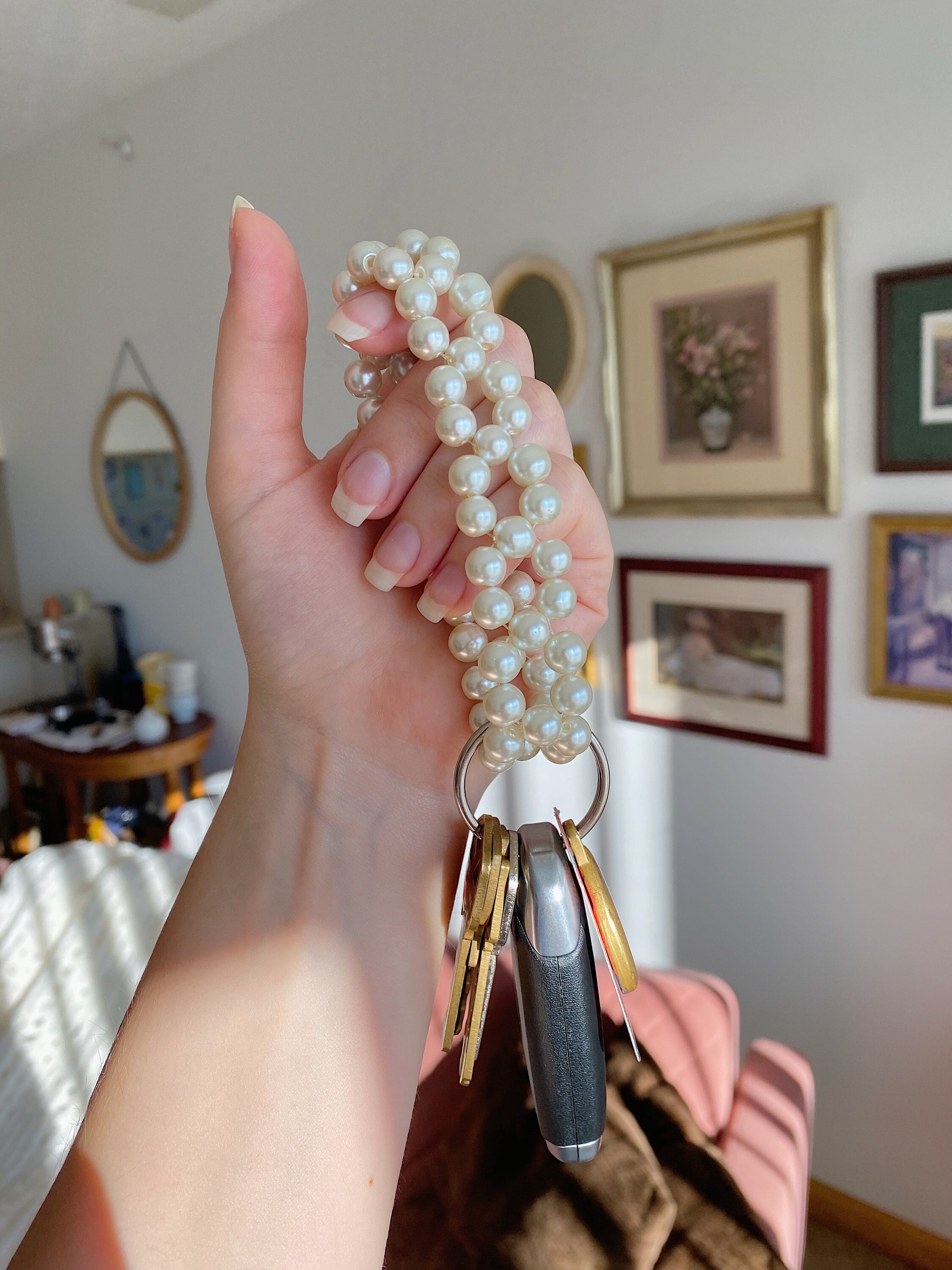 Single Strand / Silver Crystals Beaded Keychain / Pearl / 