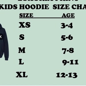 K&ouml;nnte beinhalten: Gr&ouml;&szlig;entabelle f&uuml;r Kinder-Hoodies mit den Gr&ouml;&szlig;en XS, S, M, L und XL, entsprechend den Altersgruppen 3-4, 5-6, 7-8, 9-11 und 12-13.