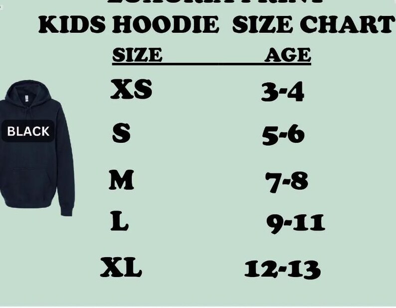 K&ouml;nnte beinhalten: Gr&ouml;&szlig;entabelle f&uuml;r Kinder-Hoodies mit den Gr&ouml;&szlig;en XS, S, M, L und XL, entsprechend den Altersgruppen 3-4, 5-6, 7-8, 9-11 und 12-13.