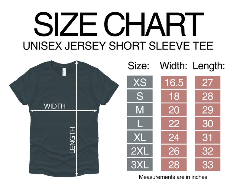 May include: Size chart for a unisex jersey short sleeve tee. The chart shows the width and length measurements in inches for sizes XS to 3XL.