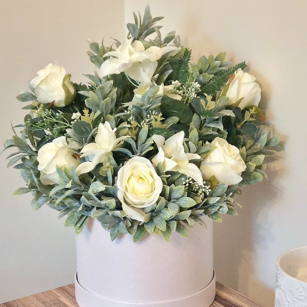 Luxury real touch white rose hatbox/ floral arrangement / gift