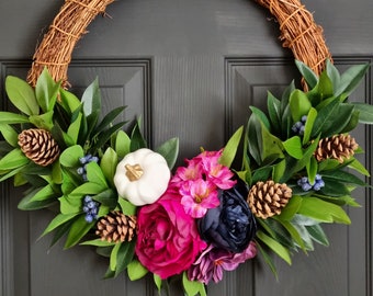 Beautiful Pink peony and pumpkin Autumn faux floral front door wreath