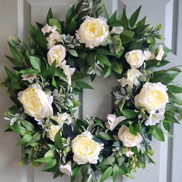 Luxury real touch white rose and peony faux floral front door wreath